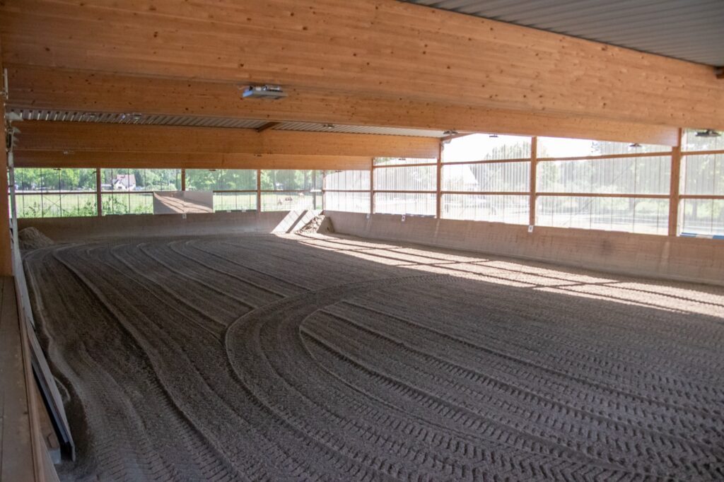 Innenaufnahme einer Reithalle aus Holz mit großen Fensterflächen, Sandboden und sichtbaren Holzbalken; Licht fällt durch die Öffnungen auf den Trainingsbereich.